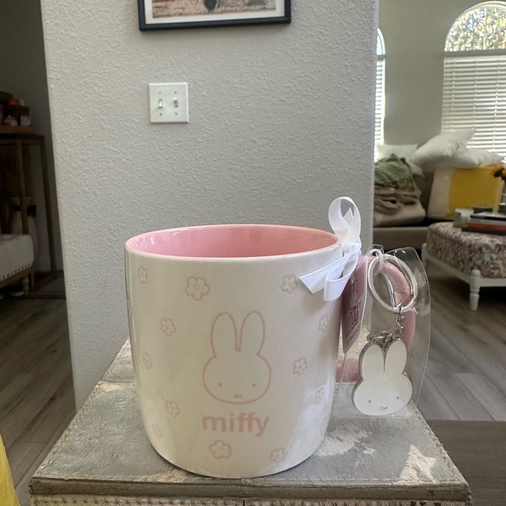 Magenta Pink and White Miffy Mug with keychain chain